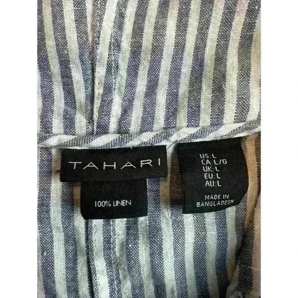 Tahari Linen Striped Hooded Button Front Top Large Roll Tab Sleeves Blue White - Picture 7 of 8